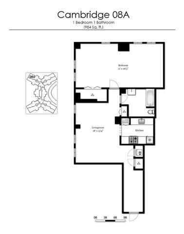 Floor plan for 1 bed, 1 bath, 984 sqft
