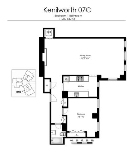 Floor plan for 1 bed, 1 bath, 1207 sqft