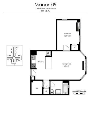 Floor plan for 1 bed, 1 bath, 588 sqft