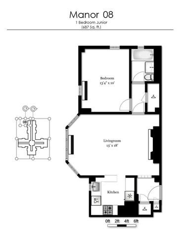 Floor plan for 1 bed, 1 bath, 687 sqft