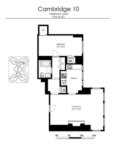 Floor plan for 1 bed, 1 bath, 710 sqft