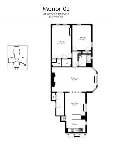 Floor plan for 2 beds, 1 bath, 1200 sqft