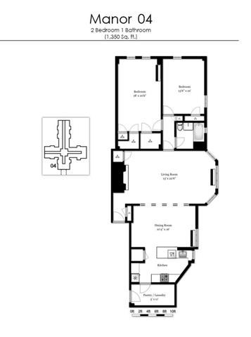 Floor plan for 2 beds, 1 bath, 1350 sqft