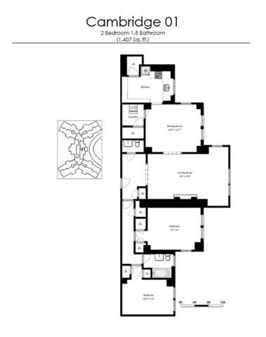 Floor plan for 2 beds, 1.5 baths, 1407 sqft
