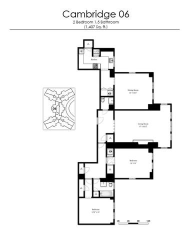 Floor plan for 2 beds, 1.5 baths, 1407 sqft