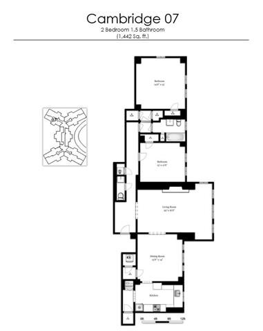 Floor plan for 2 beds, 1.5 baths, 1442 sqft