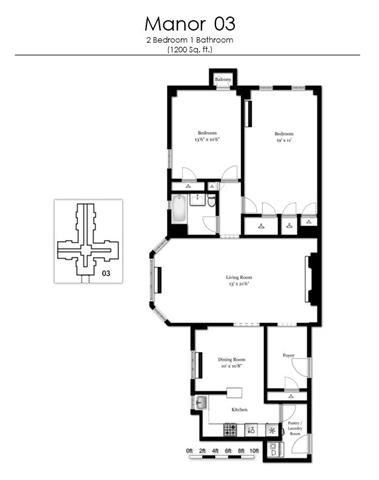 Floor plan for 2 beds, 1 bath, 1200 sqft