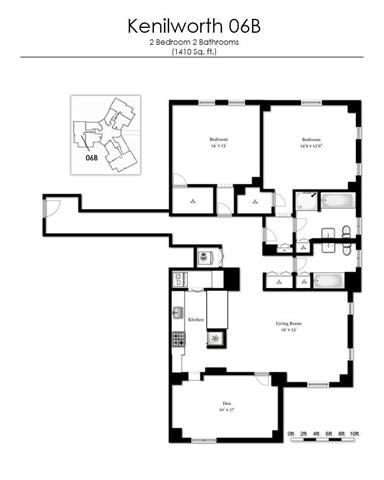 Floor plan for 2 beds, 2 baths, 1410 sqft