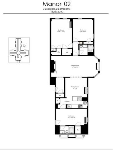 Floor plan for 3 beds, 2 baths, 1425 sqft