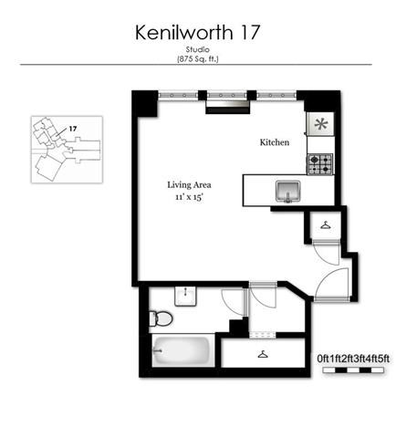 Floor plan for studio, 1 bath, 393 sqft
