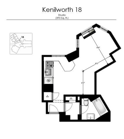 Floor plan for studio, 1 bath, 393 sqft