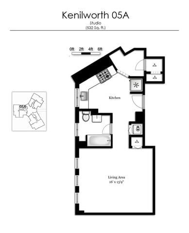 Floor plan for studio, 1 bath, 532 sqft