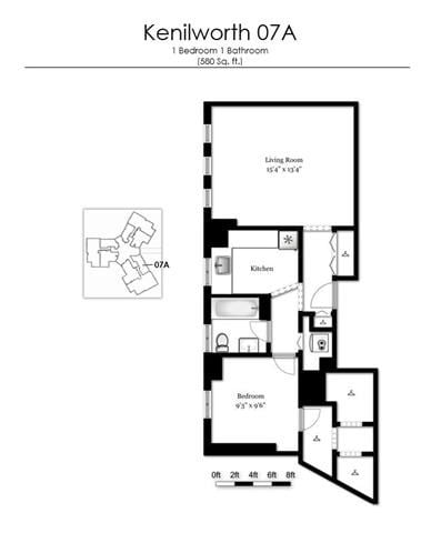 Floor plan for studio, 1 bath, 707 sqft