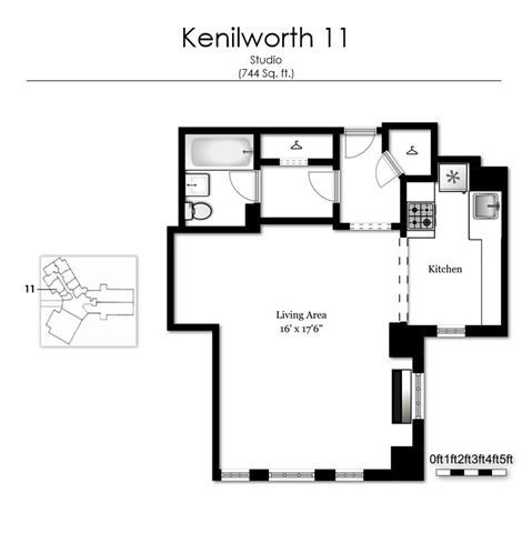 Floor plan for studio, 1 bath, 744 sqft