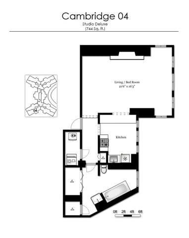 Floor plan for studio, 1 bath, 744 sqft