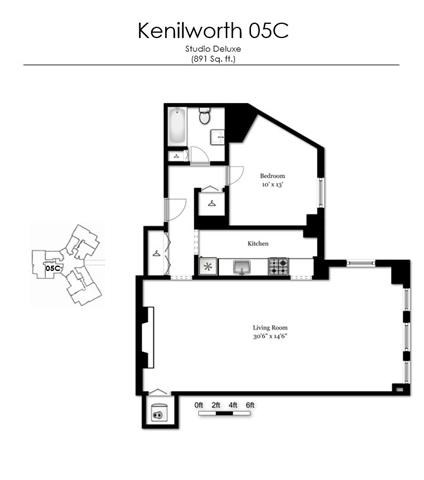 Floor plan for studio, 1 bath, 891 sqft