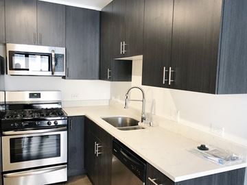 Chicago apartment for rent - a kitchen with black cabinets and a sink and a stove