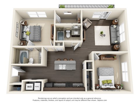 Floor plan for 2 beds, 2 baths, 936 sqft