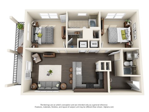 Floor plan for 2 beds, 2 baths, 936 sqft
