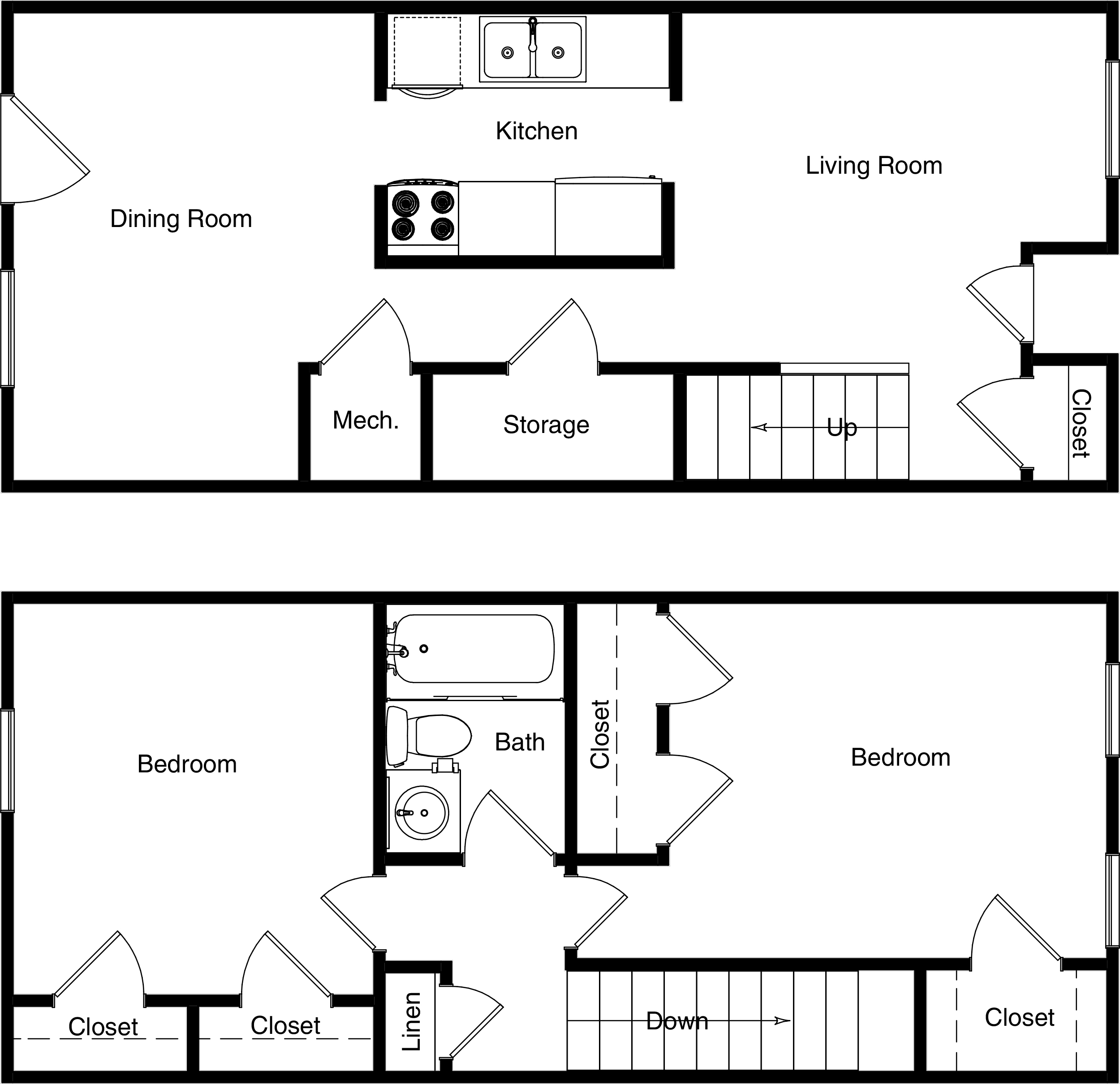 Floor plan for 2 beds, 1 bath, 959 sqft