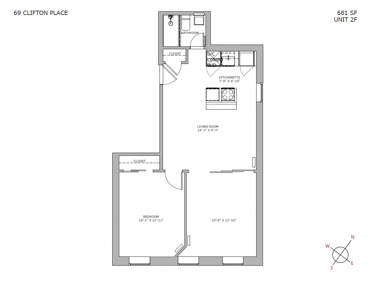Floor plan for 2 beds, 1 bath, 700 sqft