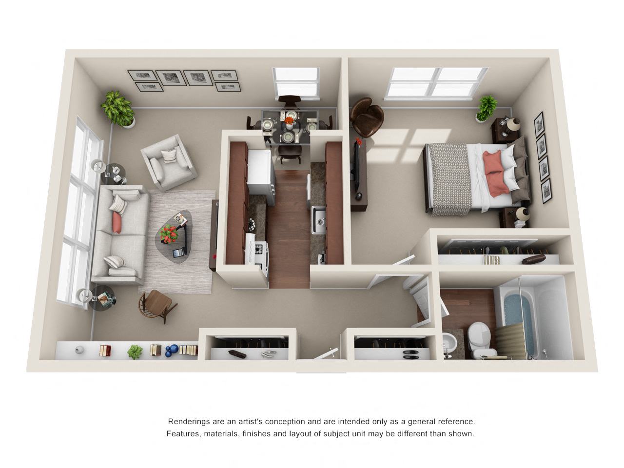 Floor plan for 1 bed, 1 bath, 564 sqft