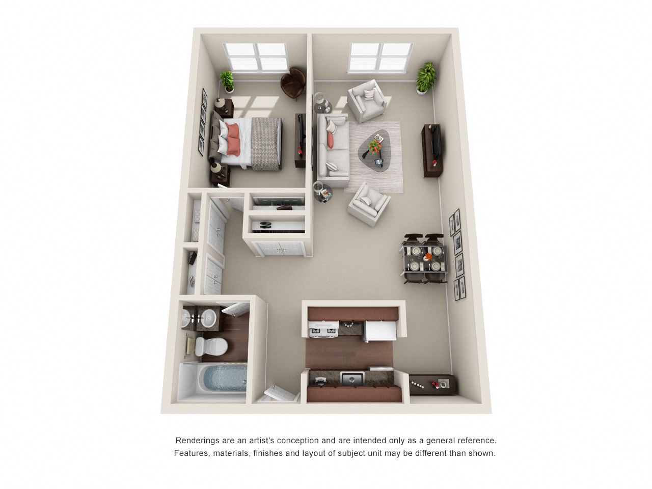Floor plan for 1 bed, 1 bath, 750 sqft