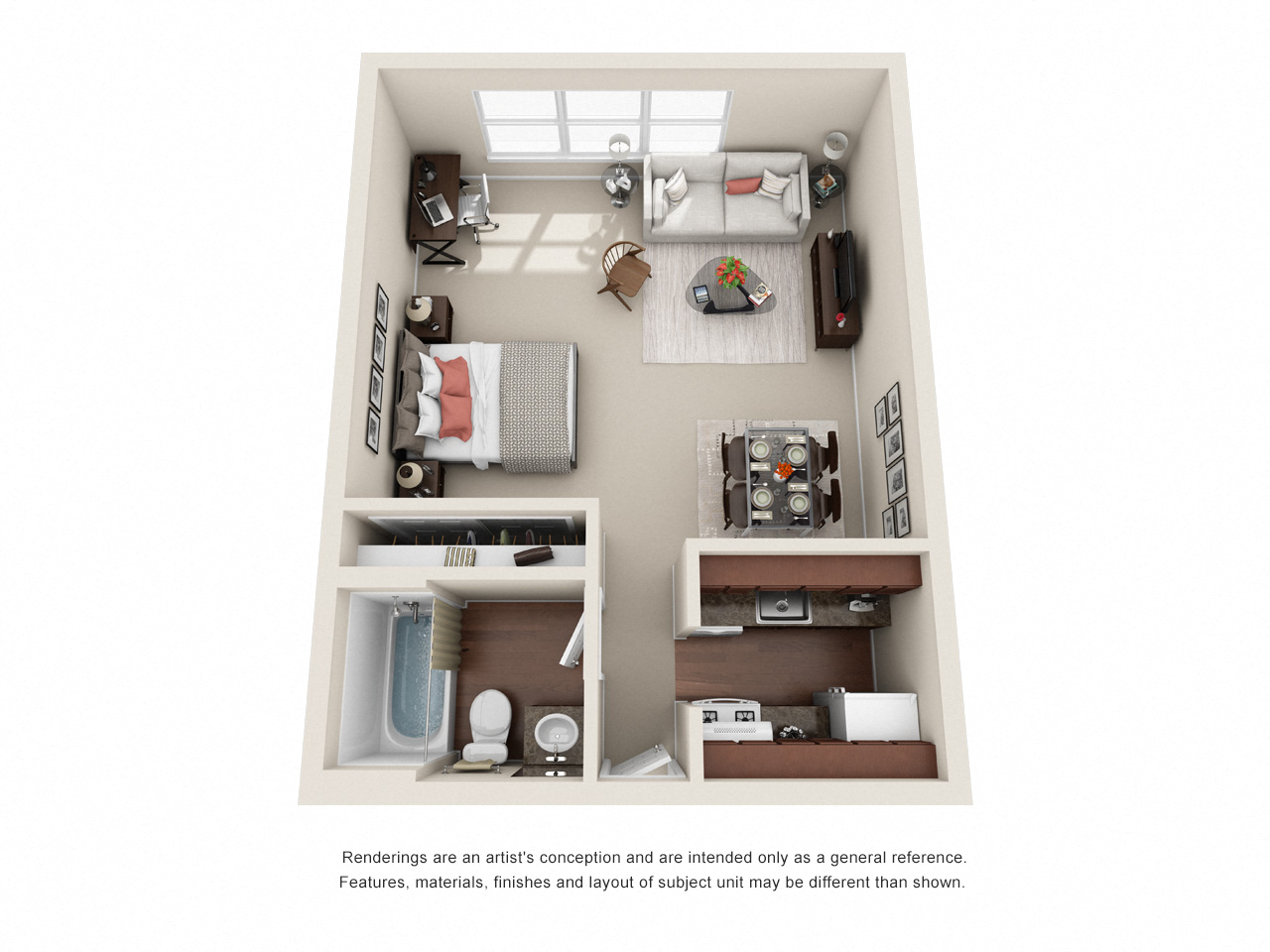 Floor plan for studio, 1 bath, 266 sqft