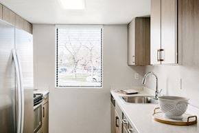 Morrison apartment for rent - Renovated kitchen with light brown cabinetry and stainless steel appliances