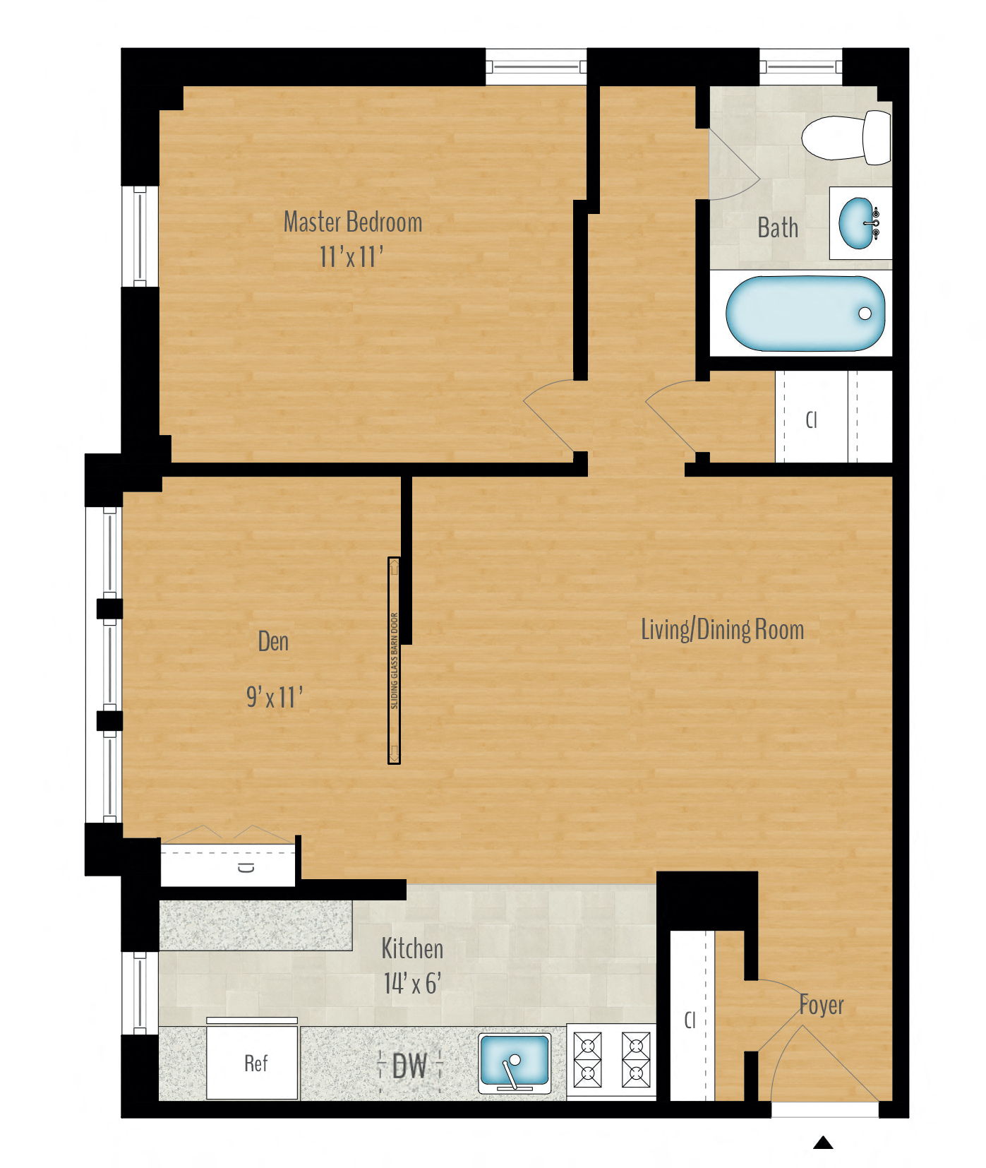 Floor plan for 1 bed, 1 bath, 693 sqft