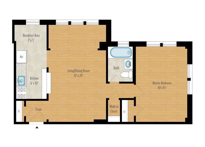 Floor plan for 1 bed, 1 bath, 714 sqft