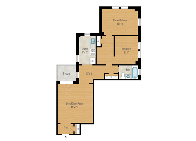 Floor plan for 2 beds, 1 bath, 908 sqft