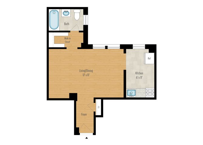 Floor plan for studio, 1 bath, 478 sqft