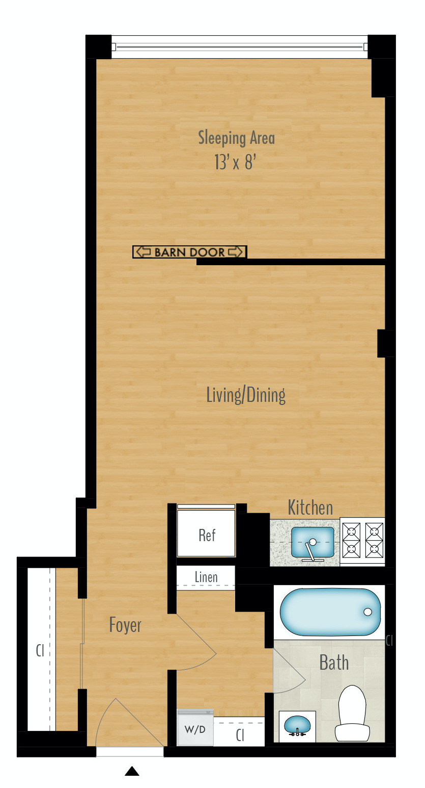 Floor plan for 1 bed, 1 bath, 457 sqft