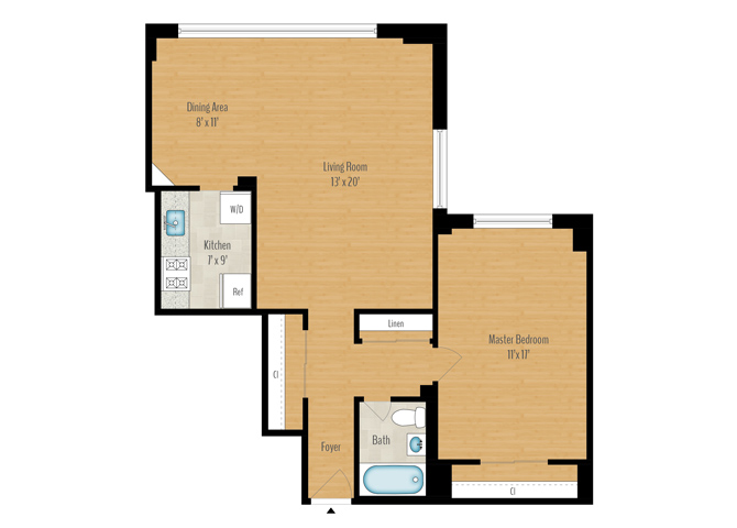 Floor plan for 1 bed, 1 bath, 882 sqft