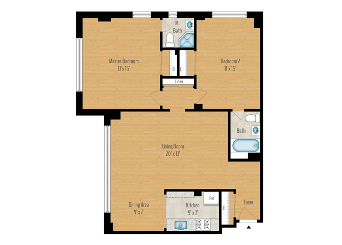 Floor plan for 2 beds, 2 baths, 1123 sqft