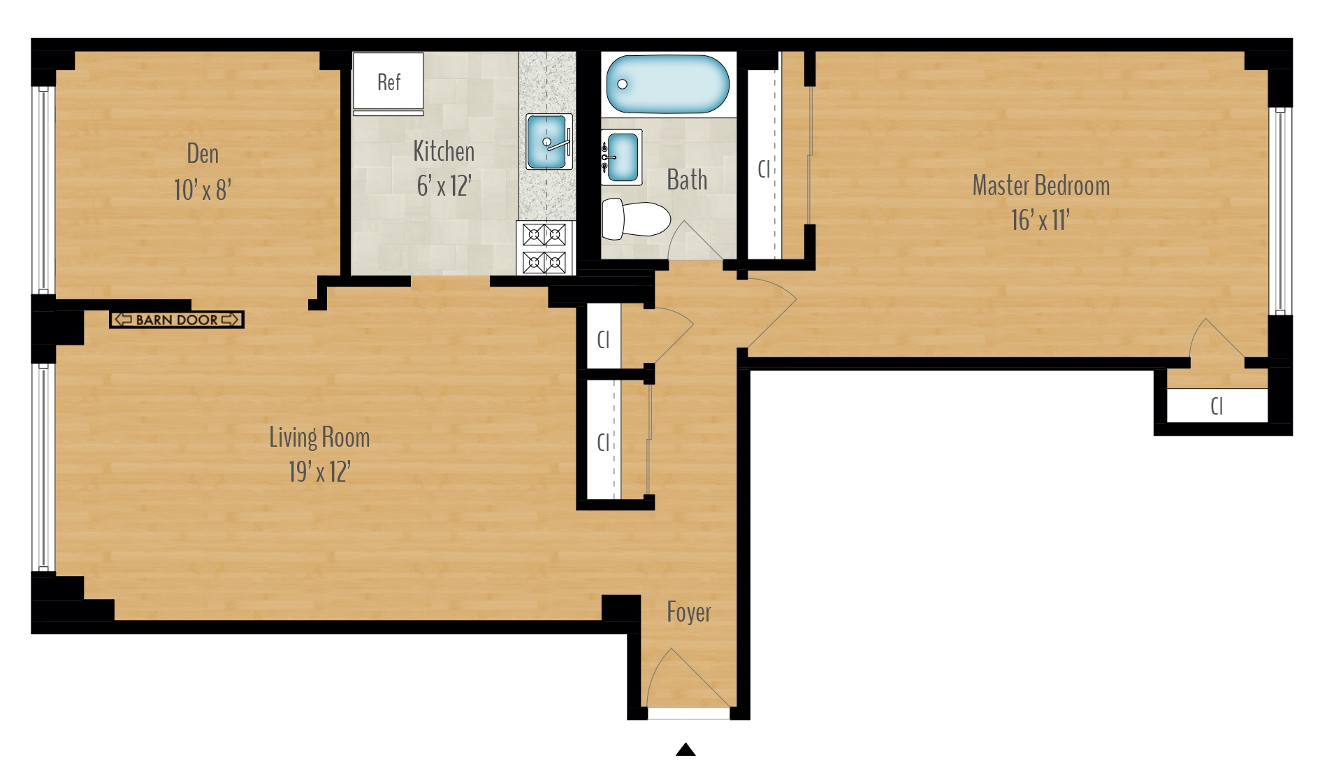 Floor plan for 1 bed, 1 bath, 908 sqft