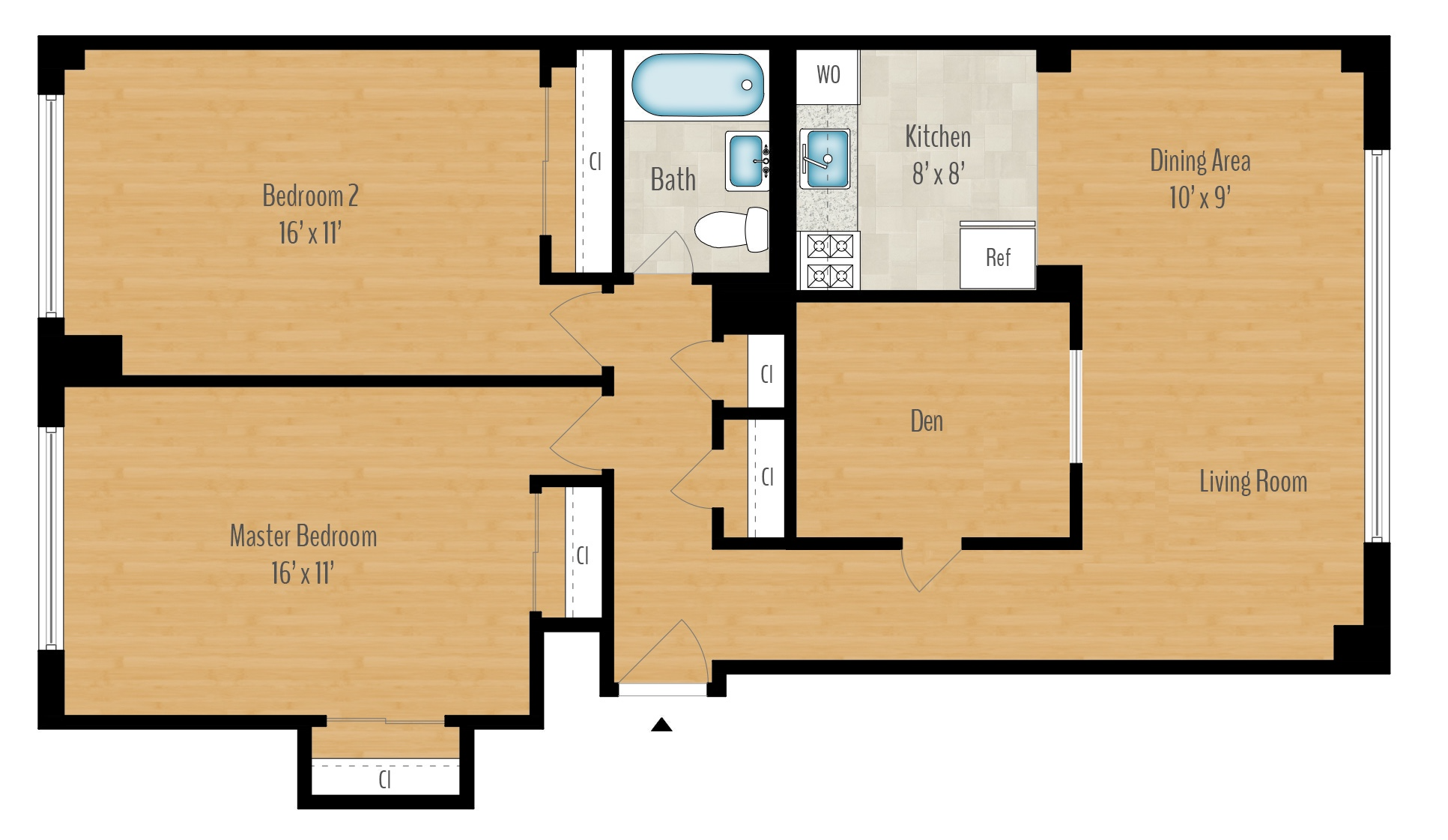 Floor plan for 2 beds, 1 bath, 1029 sqft