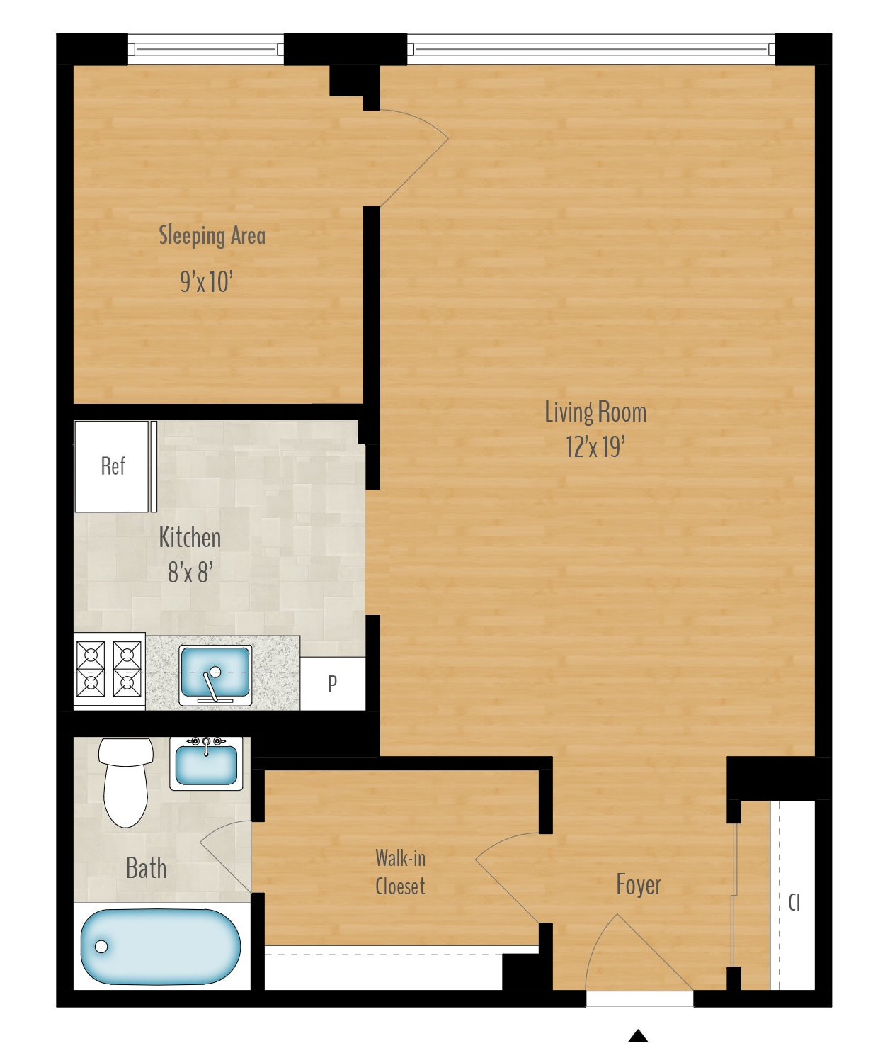 Floor plan for 1 bed, 1 bath, 593 sqft