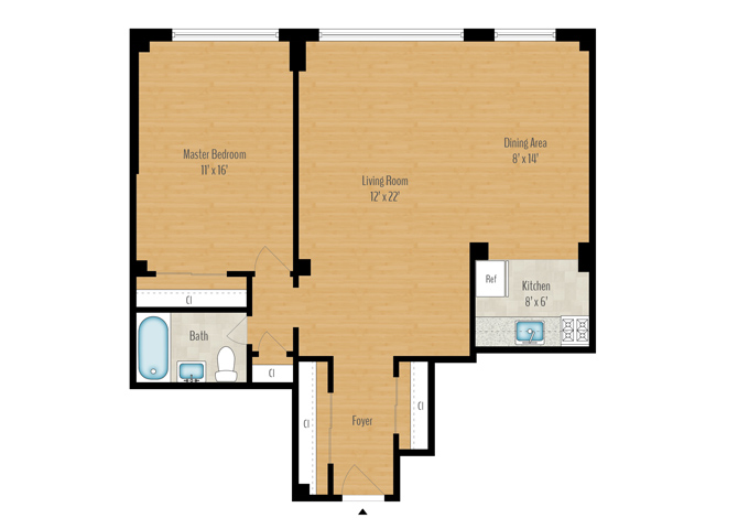 Floor plan for 1 bed, 1 bath, 866 sqft