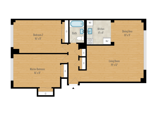 Floor plan for 2 beds, 1 bath, 1029 sqft
