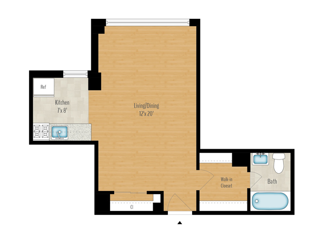 Floor plan for studio, 1 bath, 672 sqft