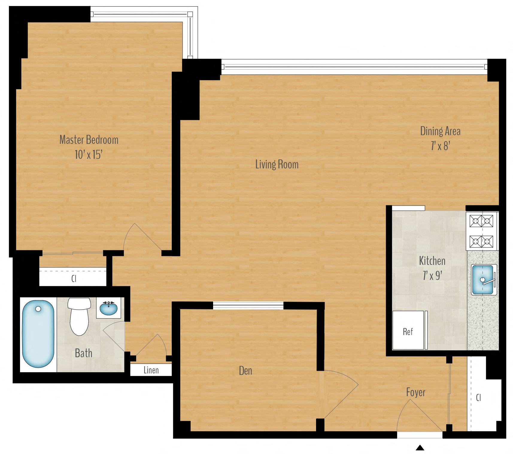 Floor plan for 1 bed, 1 bath, 735 sqft