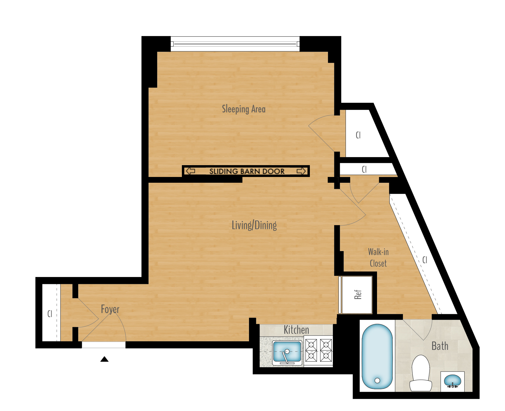 Floor plan for 1 bed, 1 bath, 451 sqft