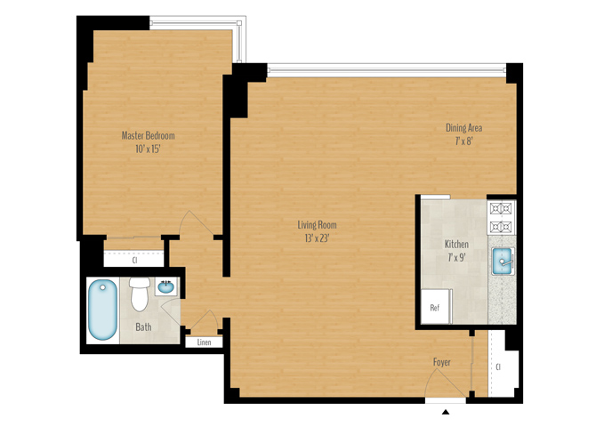 Floor plan for 1 bed, 1 bath, 814 sqft