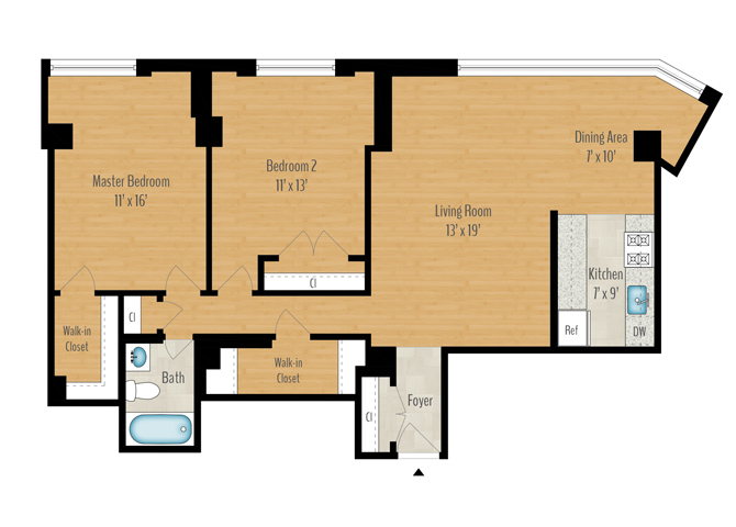 Floor plan for 2 beds, 1 bath, 1050 sqft