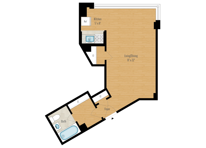 Floor plan for studio, 1 bath, 499 sqft