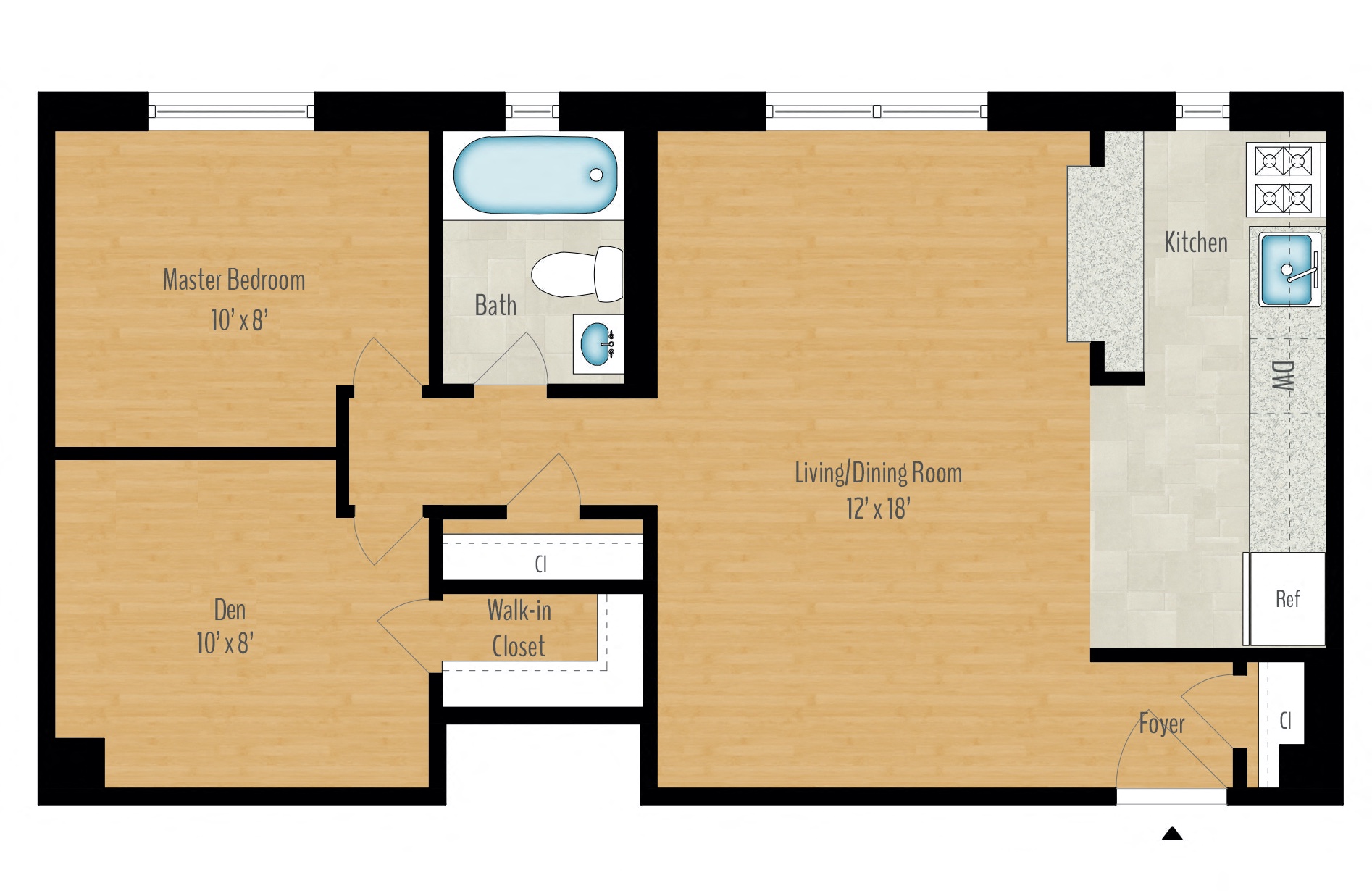 Floor plan for 1 bed, 1 bath, 761 sqft