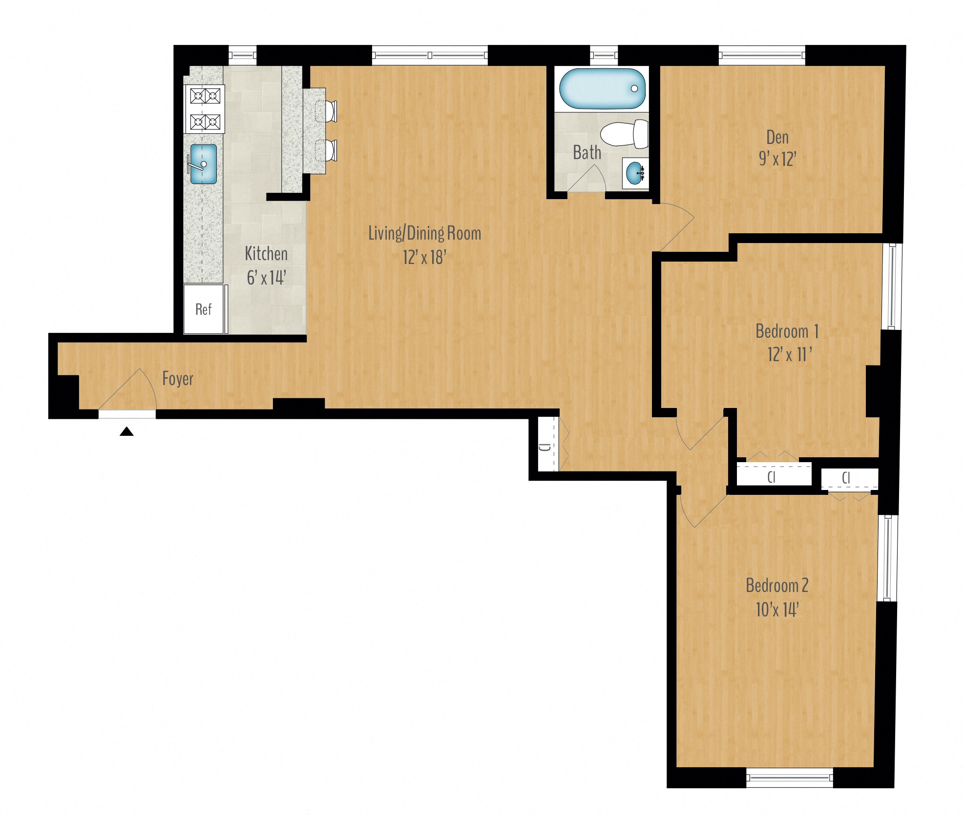 Floor plan for 2 beds, 1 bath, 1013 sqft