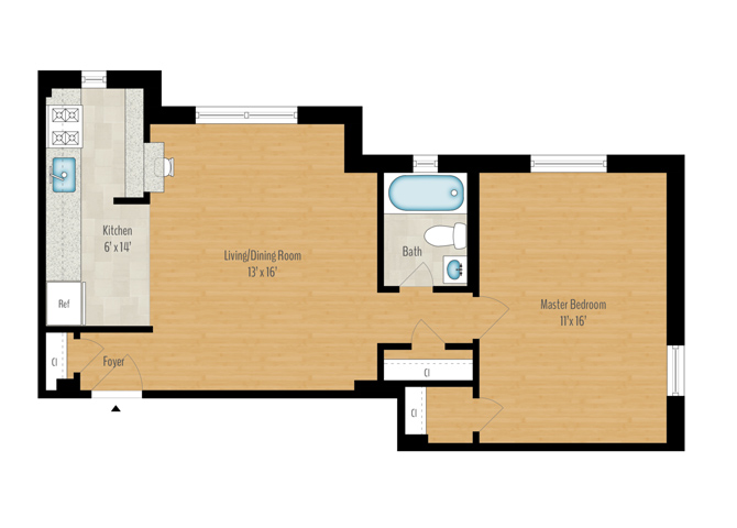 Floor plan for 1 bed, 1 bath, 672 sqft